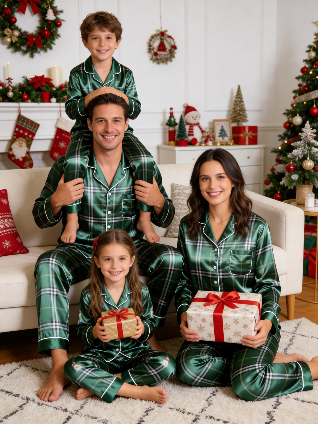 Emerald Green Plaid Holiday Couple Satin Pajama Set Luxury Couple Sleepwear