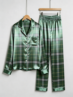 Emerald Green Plaid Holiday Couple Satin Pajama Set Luxury Couple Sleepwear