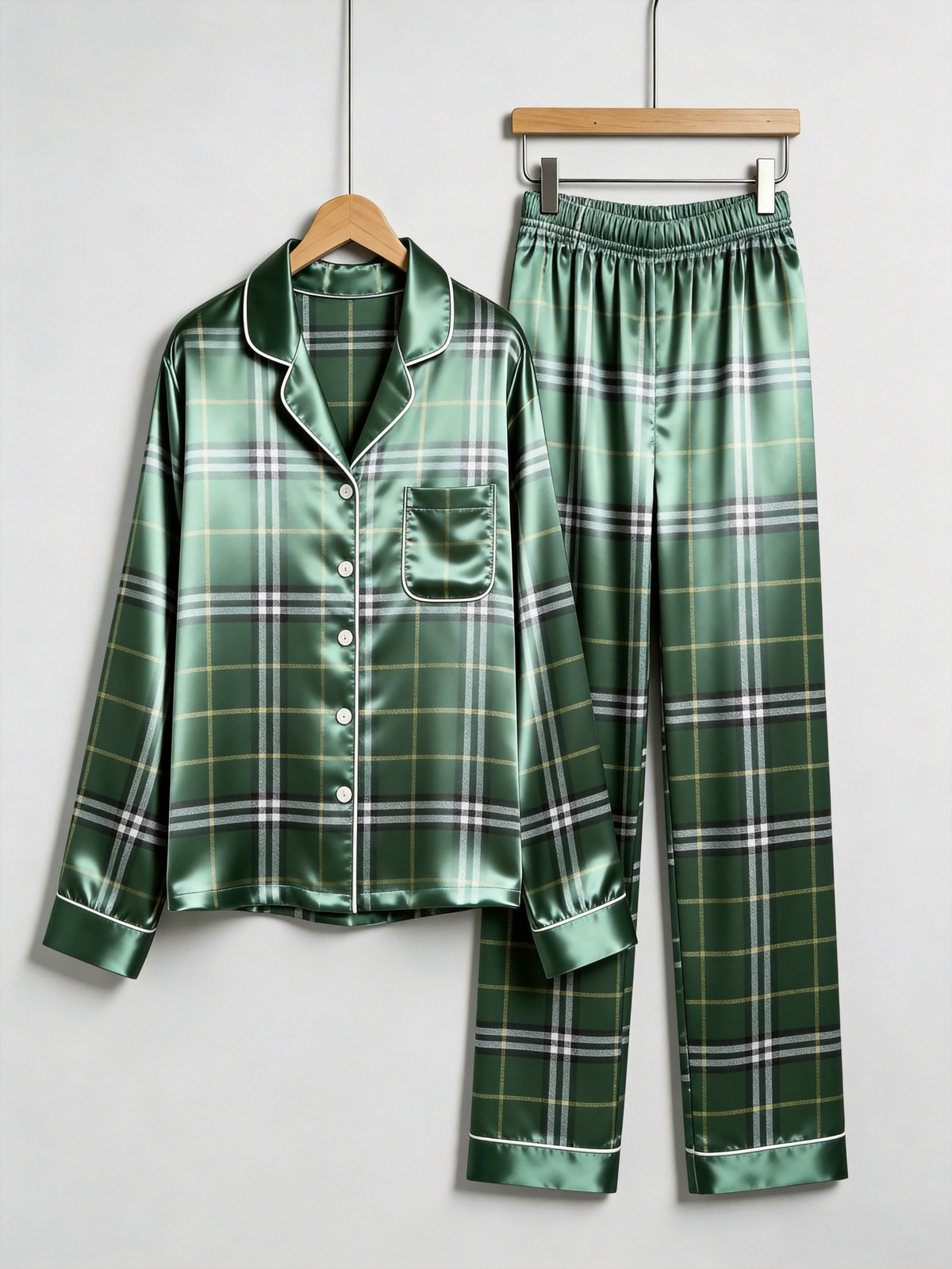 Emerald Green Plaid Holiday Couple Satin Pajama Set Luxury Couple Sleepwear