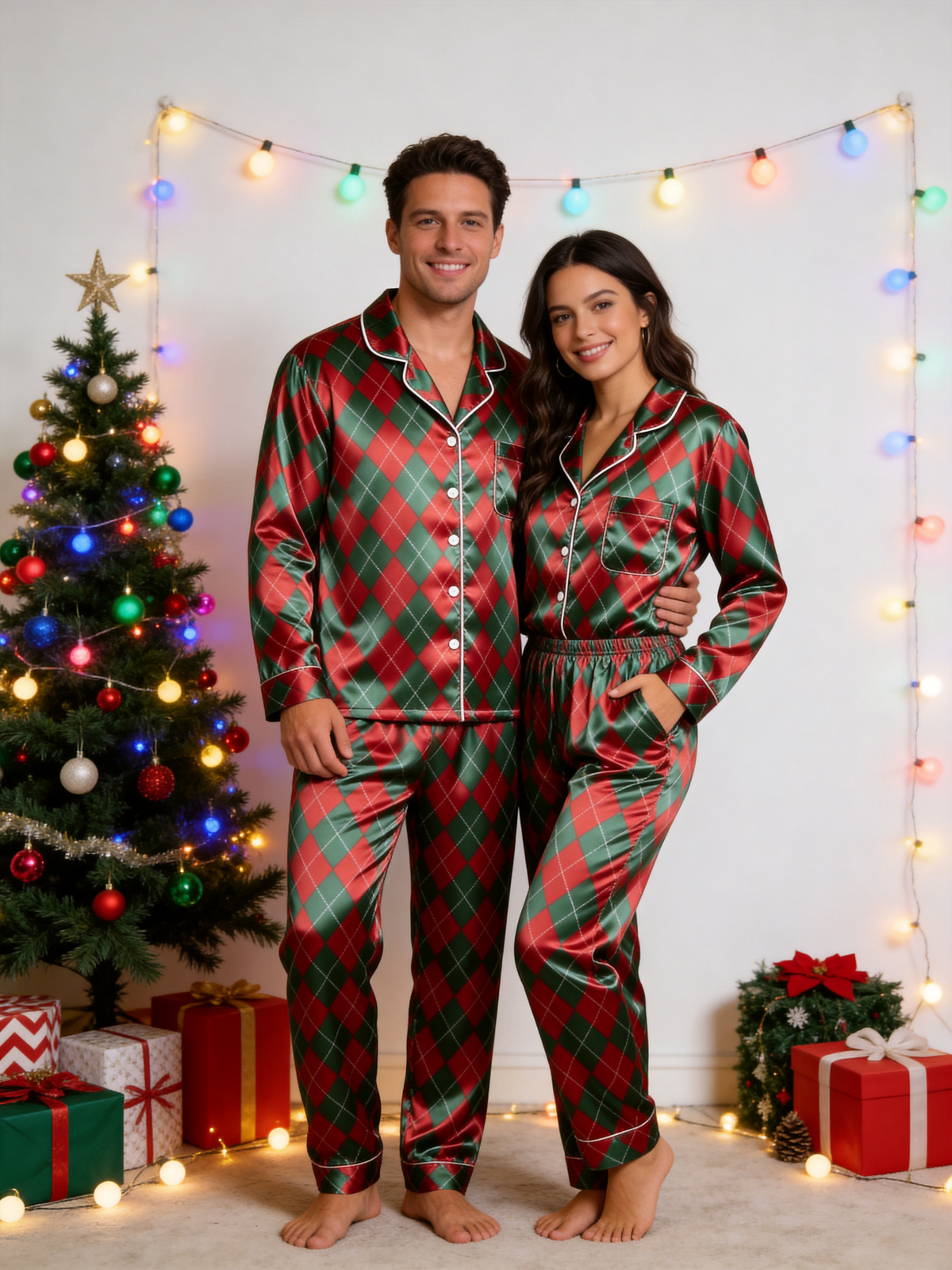 Festive Red & Green Argyle Diamond Print Holiday Family Satin Pajama Set Sleepwear