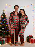 Festive Red & Green Argyle Diamond Print Holiday Couple Satin Pajama Set Sleepwear