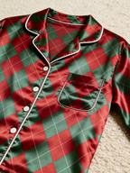 Festive Red & Green Argyle Diamond Print Holiday Couple Satin Pajama Set Sleepwear