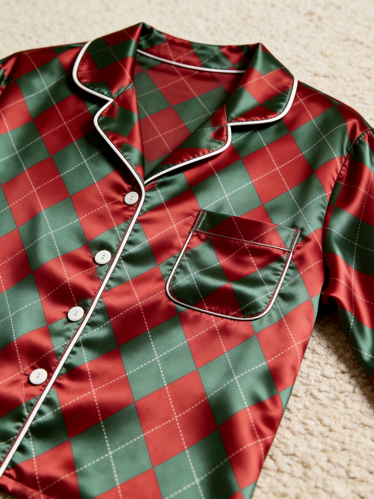Festive Red & Green Argyle Diamond Print Holiday Couple Satin Pajama Set Sleepwear