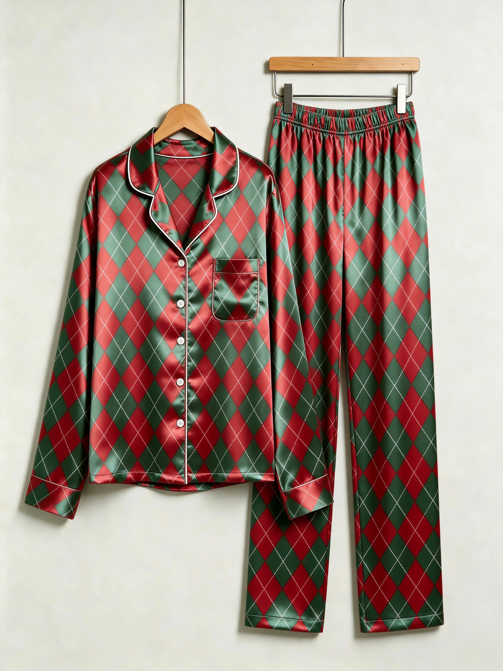 Festive Red & Green Argyle Diamond Print Holiday Couple Satin Pajama Set Sleepwear