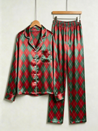 Festive Red & Green Argyle Diamond Print Holiday Couple Satin Pajama Set Sleepwear