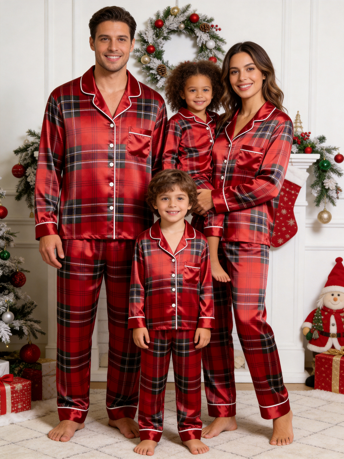 Classic Red Tartan Plaid Christmas Couple Satin Pajama Set Couple Sleepwear
