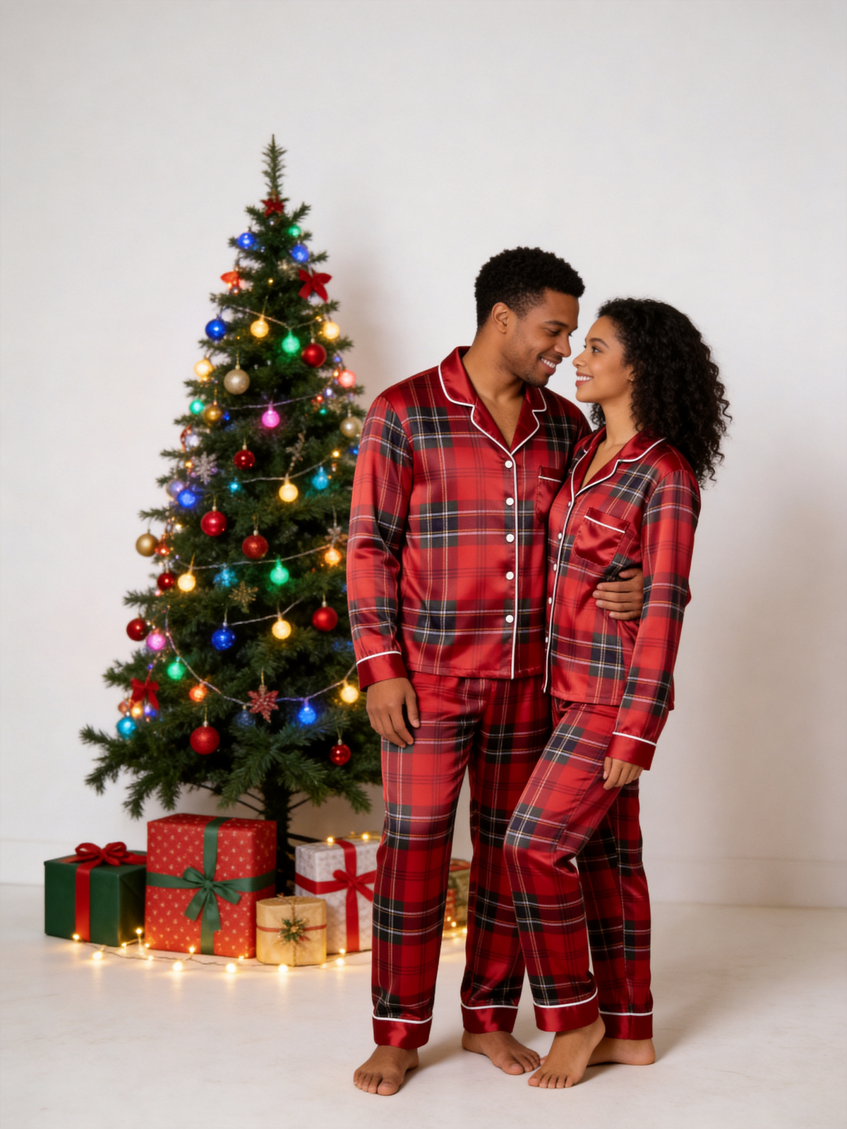 Classic Red Tartan Plaid Christmas Couple Satin Pajama Set Couple Sleepwear