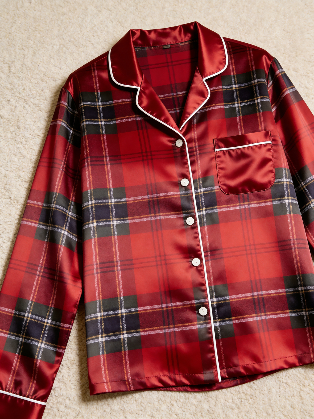 Classic Red Tartan Plaid Christmas Couple Satin Pajama Set Couple Sleepwear