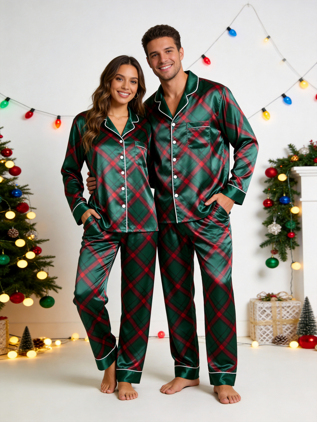 Diagonal Red & Green Plaid Holiday Family Satin Pajama Set Family Sleepwear