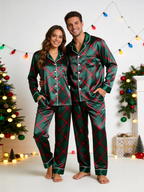 Diagonal Red & Green Plaid Holiday Couple Satin Pajama Set Couple Sleepwear