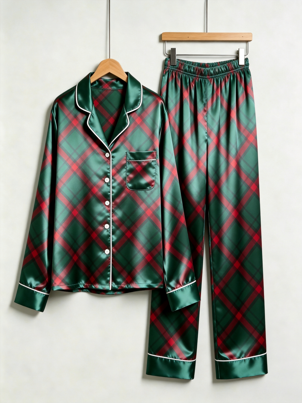 Diagonal Red & Green Plaid Holiday Couple Satin Pajama Set Couple Sleepwear