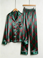 Diagonal Red & Green Plaid Holiday Couple Satin Pajama Set Couple Sleepwear