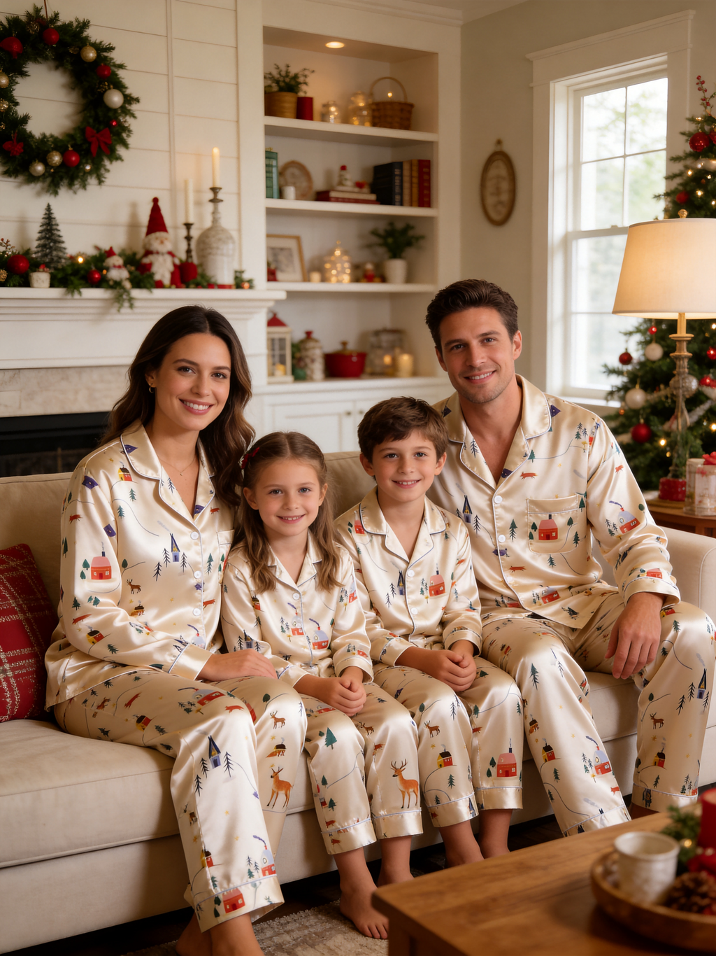 Cozy Winter Village & Forest Print Couple Couple Satin Pajama Set Luxury Long Sleeve Sleepwear