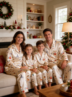 Cozy Winter Village & Forest Print Couple Couple Satin Pajama Set Luxury Long Sleeve Sleepwear
