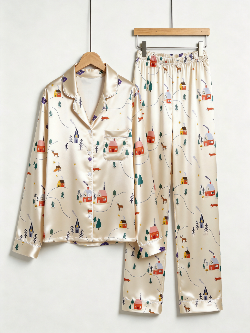 Cozy Winter Village & Forest Print Couple Couple Satin Pajama Set Luxury Long Sleeve Sleepwear