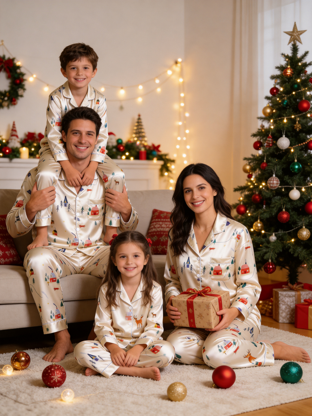 Cozy Winter Village & Forest Print Couple Couple Satin Pajama Set Luxury Long Sleeve Sleepwear