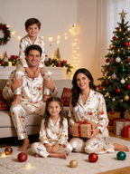 Cozy Winter Village & Forest Print Couple Couple Satin Pajama Set Luxury Long Sleeve Sleepwear