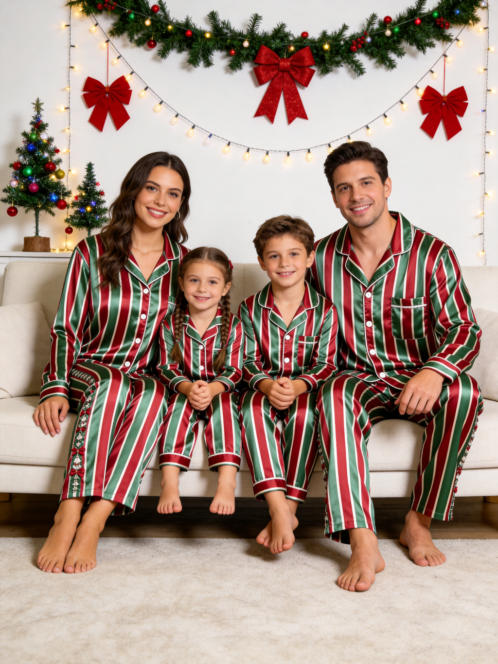 Holiday Red, Green & White Vertical Striped Couple Satin Pajama Set Sleepwear