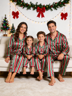 Holiday Red, Green & White Vertical Striped Couple Satin Pajama Set Sleepwear