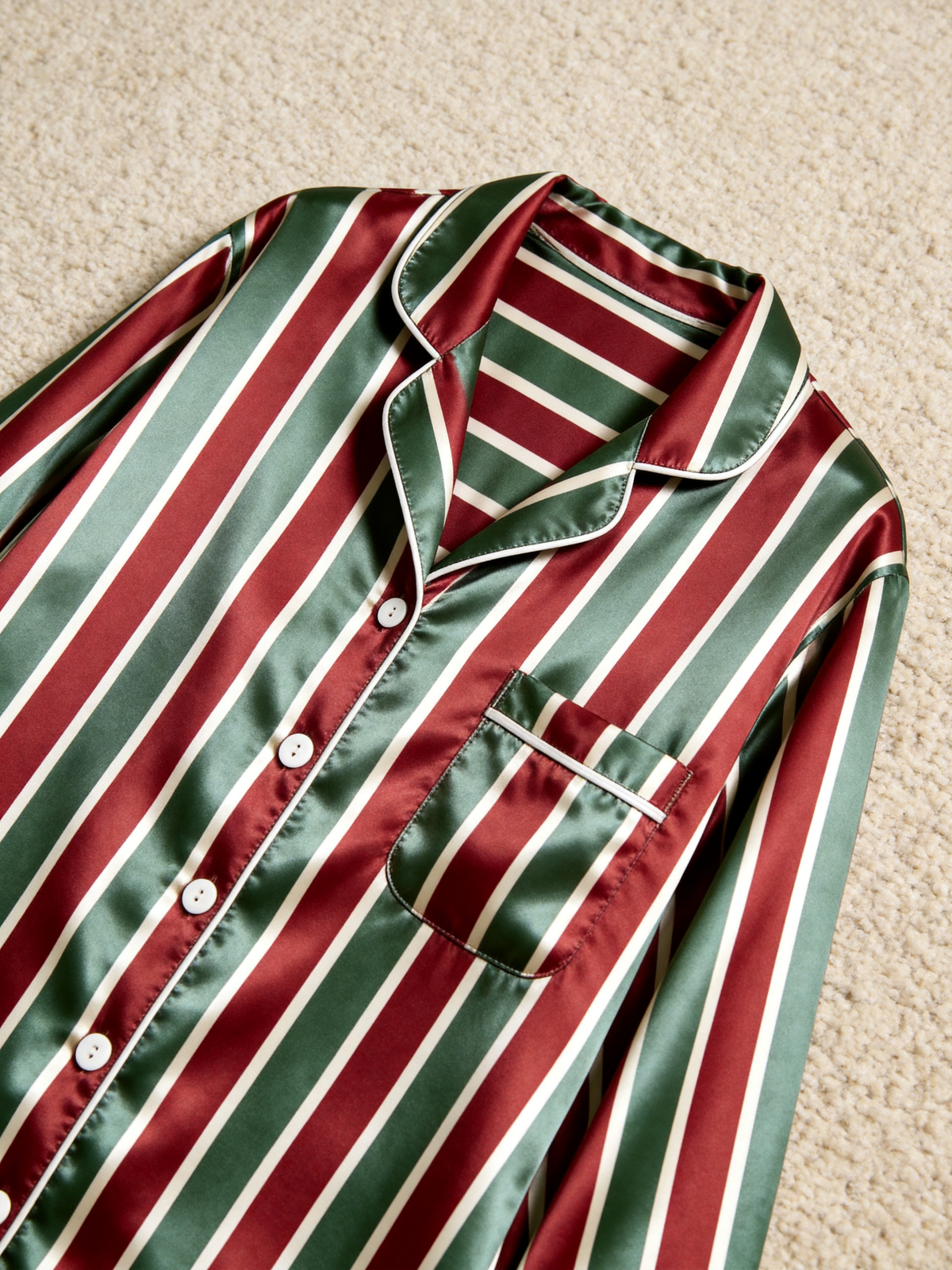 Holiday Red, Green & White Vertical Striped Couple Satin Pajama Set Sleepwear