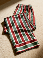 Holiday Red, Green & White Vertical Striped Couple Satin Pajama Set Sleepwear