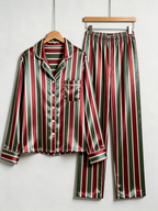 Holiday Red, Green & White Vertical Striped Couple Satin Pajama Set Sleepwear