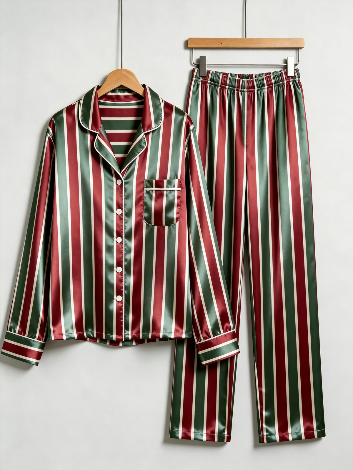 Holiday Red, Green & White Vertical Striped Couple Satin Pajama Set Sleepwear