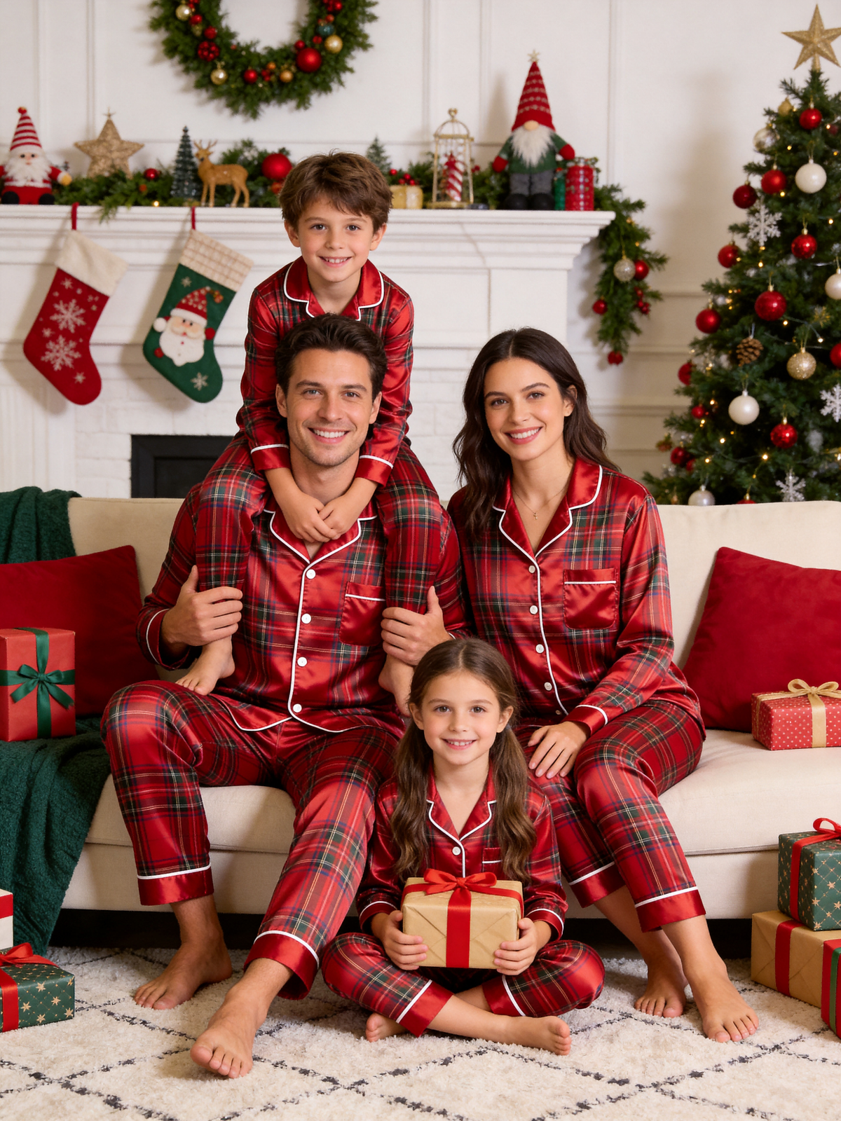 Vibrant Red Grid Plaid Holiday Couple Satin Pajama Set Matching Couple Sleepwear