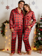 Vibrant Red Grid Plaid Holiday Couple Satin Pajama Set Matching Couple Sleepwear