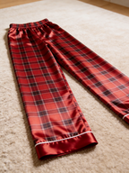 Vibrant Red Grid Plaid Holiday Couple Satin Pajama Set Matching Couple Sleepwear