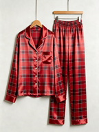 Vibrant Red Grid Plaid Holiday Couple Satin Pajama Set Matching Couple Sleepwear