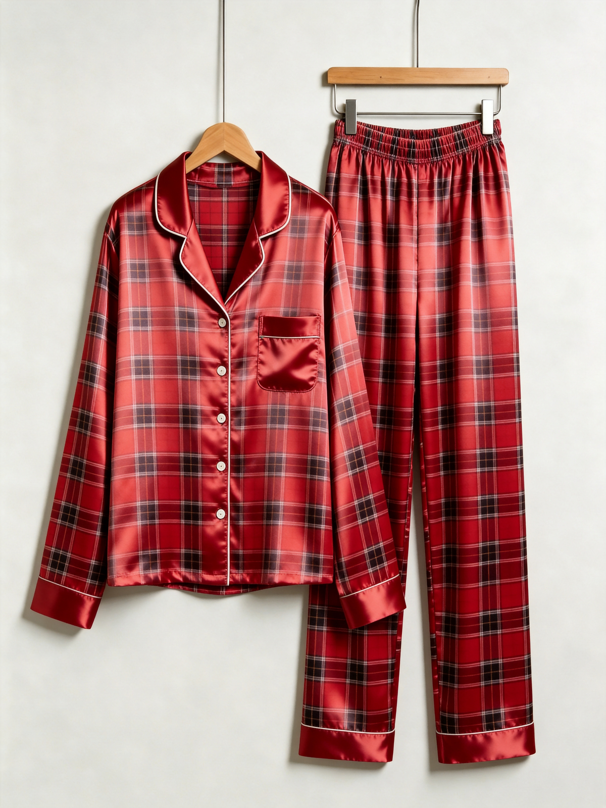 Vibrant Red Grid Plaid Holiday Couple Satin Pajama Set Matching Couple Sleepwear