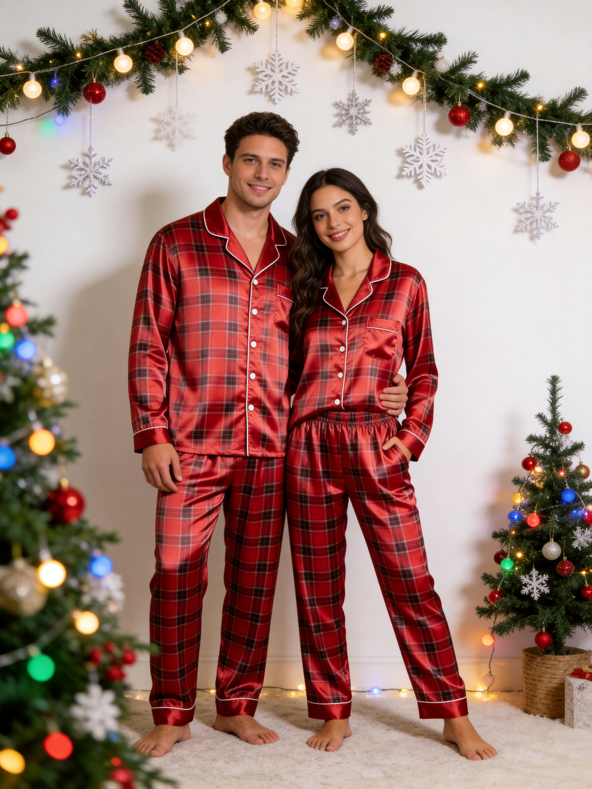 Vibrant Red Grid Plaid Holiday Couple Satin Pajama Set Matching Couple Sleepwear
