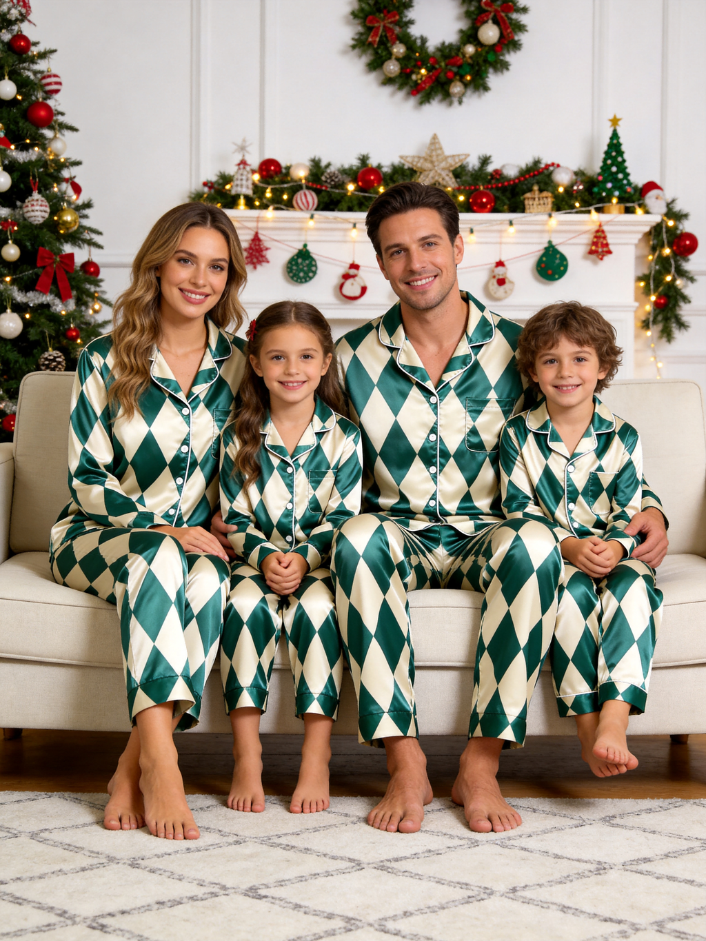 Green & Cream Argyle Diamond Print Holiday Couple Satin Pajama Set Sleepwear