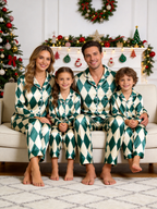 Green & Cream Argyle Diamond Print Holiday Couple Satin Pajama Set Sleepwear