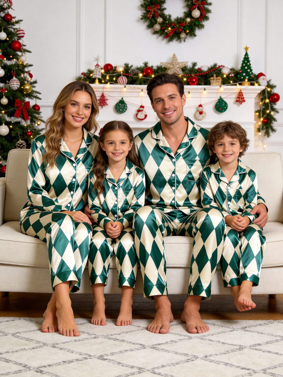 Green & Cream Argyle Diamond Print Holiday Couple Satin Pajama Set Sleepwear