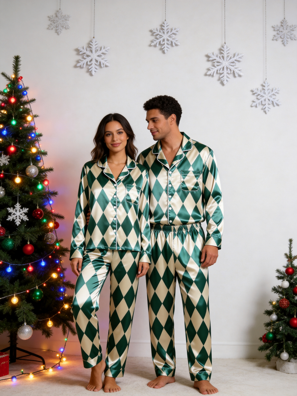 Green & Cream Argyle Diamond Print Holiday Couple Satin Pajama Set Sleepwear