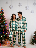 Green & Cream Argyle Diamond Print Holiday Couple Satin Pajama Set Sleepwear