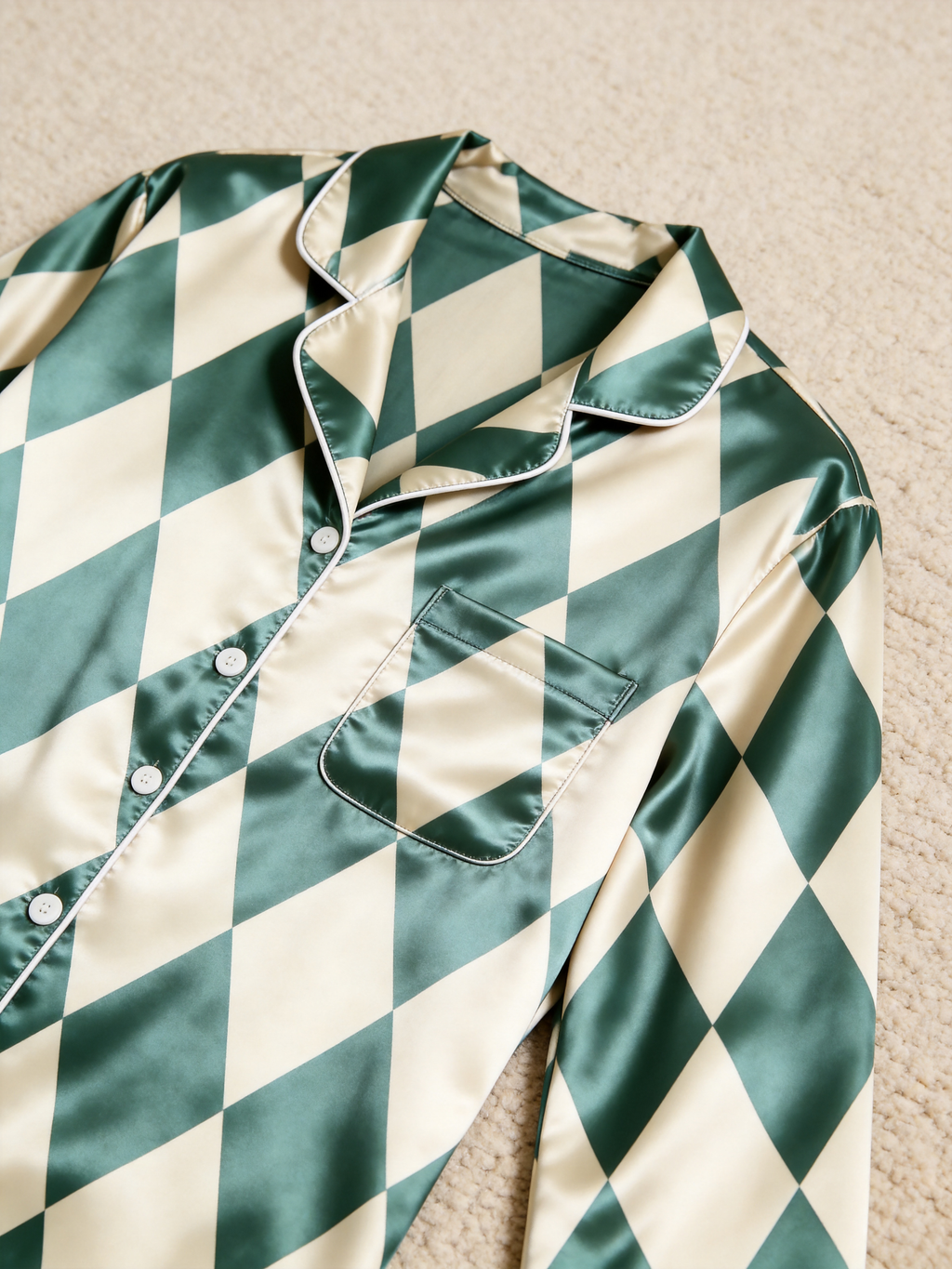 Green & Cream Argyle Diamond Print Holiday Couple Satin Pajama Set Sleepwear