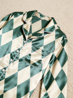 Green & Cream Argyle Diamond Print Holiday Couple Satin Pajama Set Sleepwear