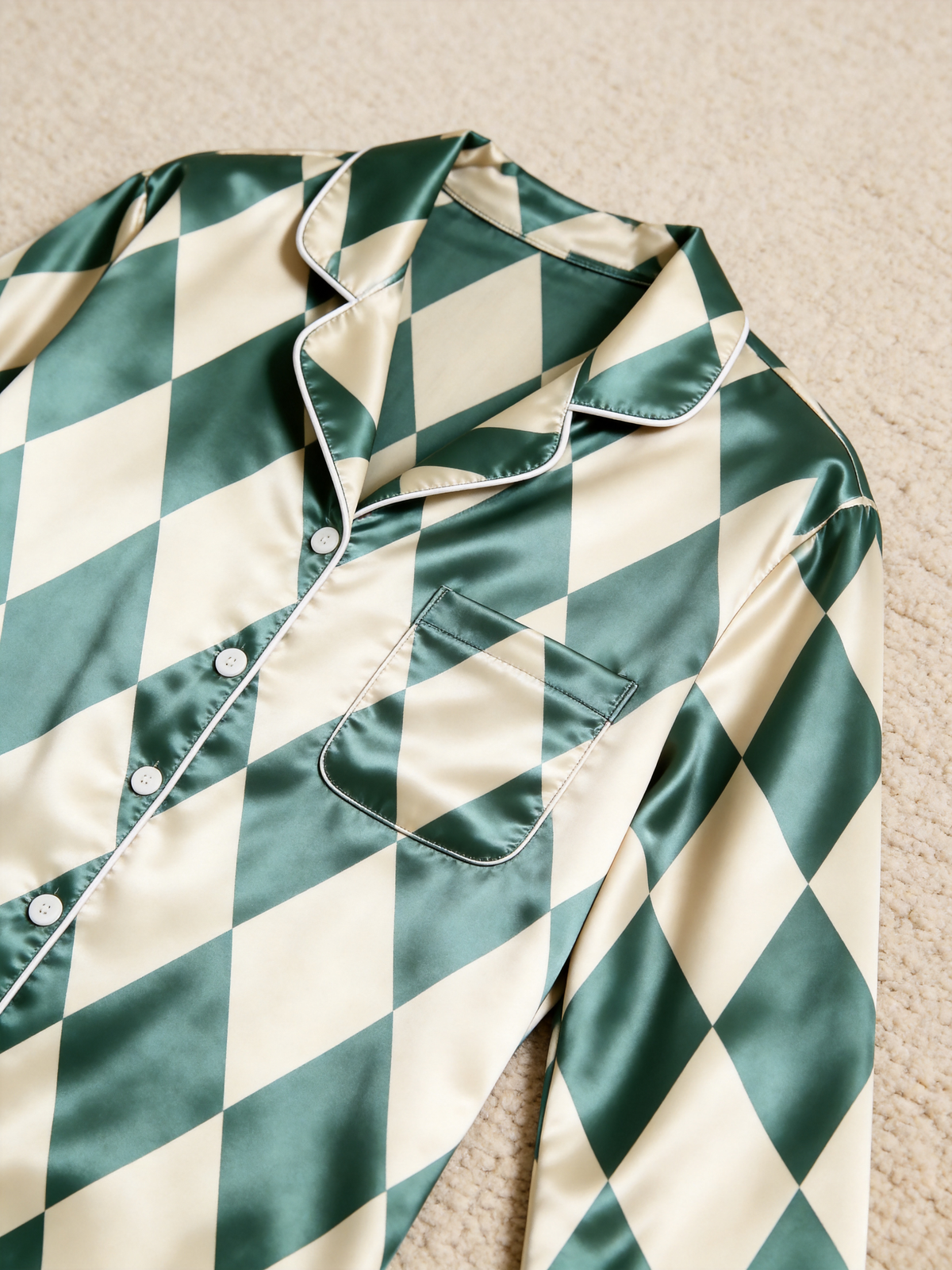 Green & Cream Argyle Diamond Print Holiday Couple Satin Pajama Set Sleepwear