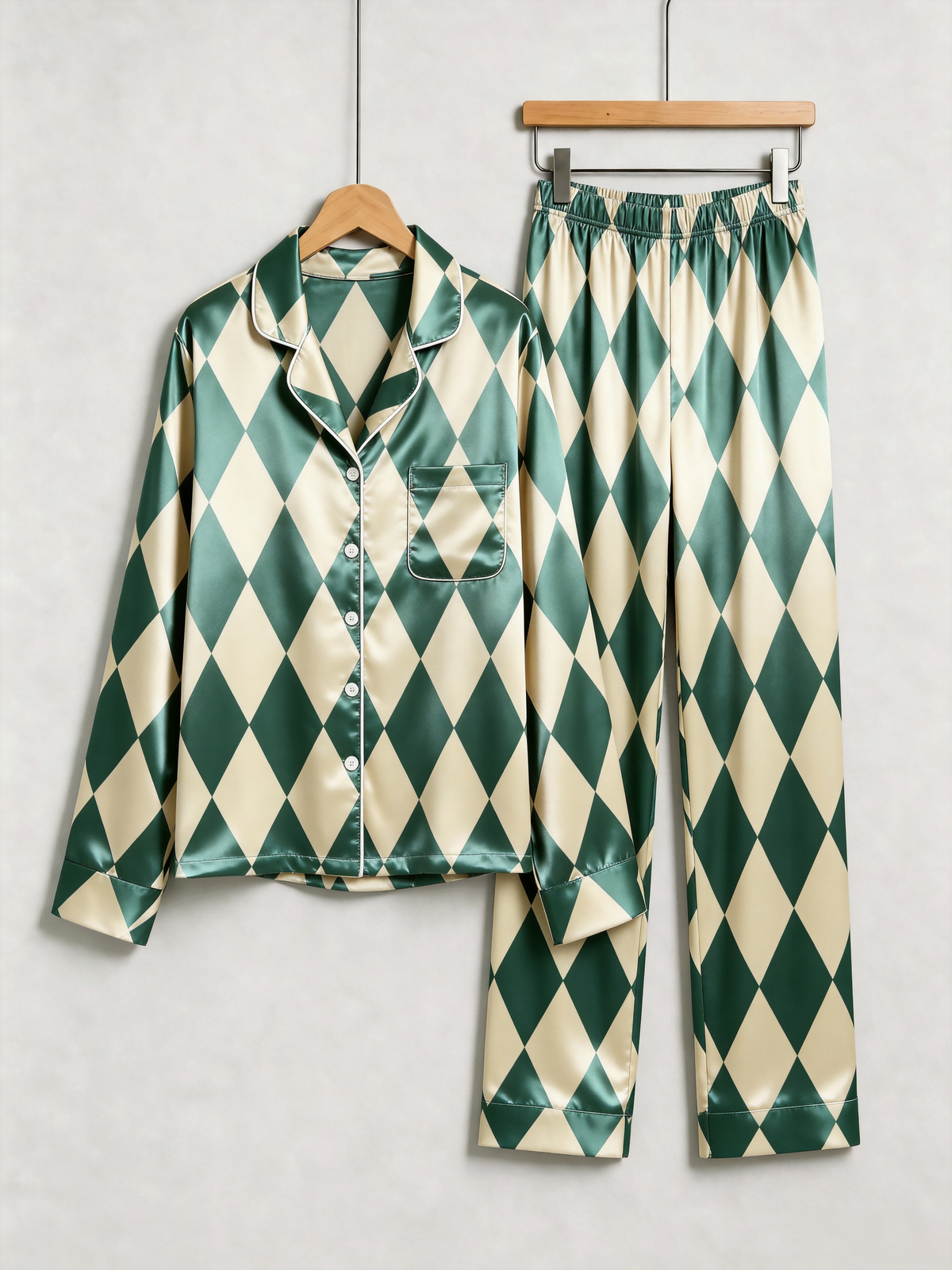 Green & Cream Argyle Diamond Print Holiday Couple Satin Pajama Set Sleepwear