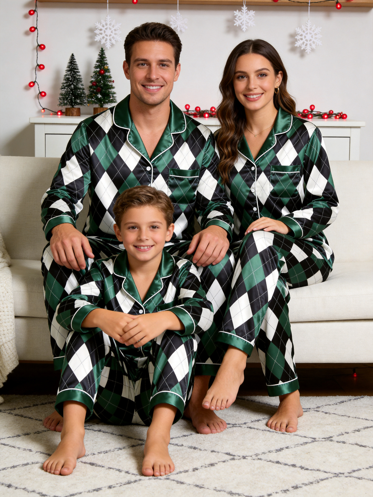 Emerald Green & Black Argyle Diamond Print Holiday Couple Satin Pajama Set Sleepwear