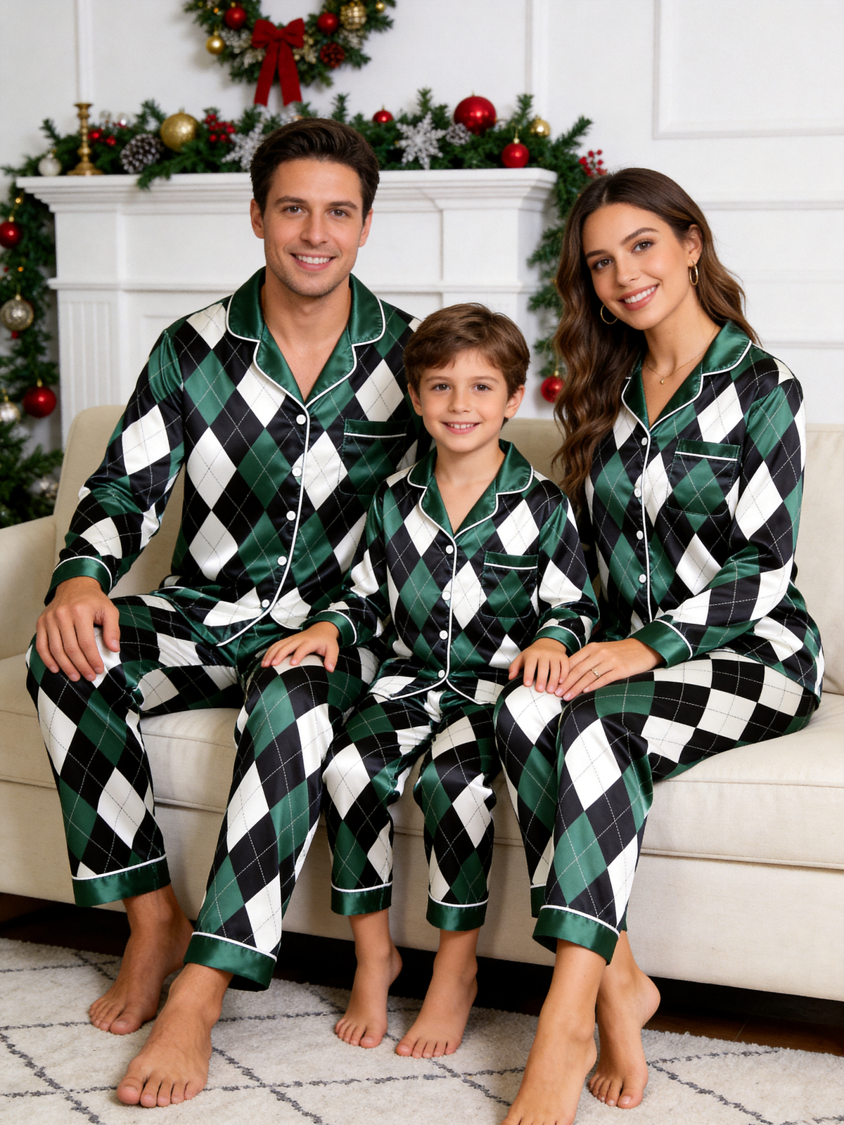 Emerald Green & Black Argyle Diamond Print Holiday Couple Satin Pajama Set Sleepwear