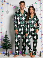 Emerald Green & Black Argyle Diamond Print Holiday Couple Satin Pajama Set Sleepwear