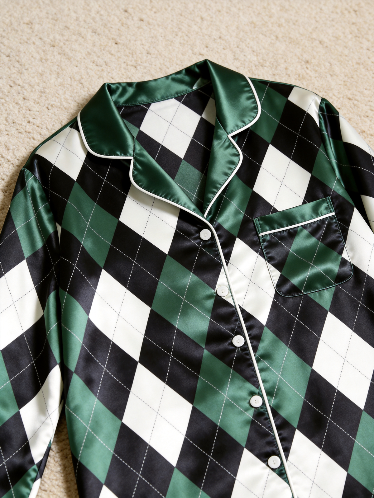 Emerald Green & Black Argyle Diamond Print Holiday Couple Satin Pajama Set Sleepwear