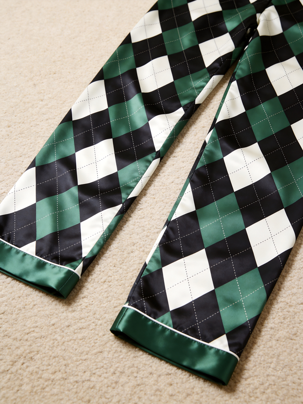 Emerald Green & Black Argyle Diamond Print Holiday Couple Satin Pajama Set Sleepwear