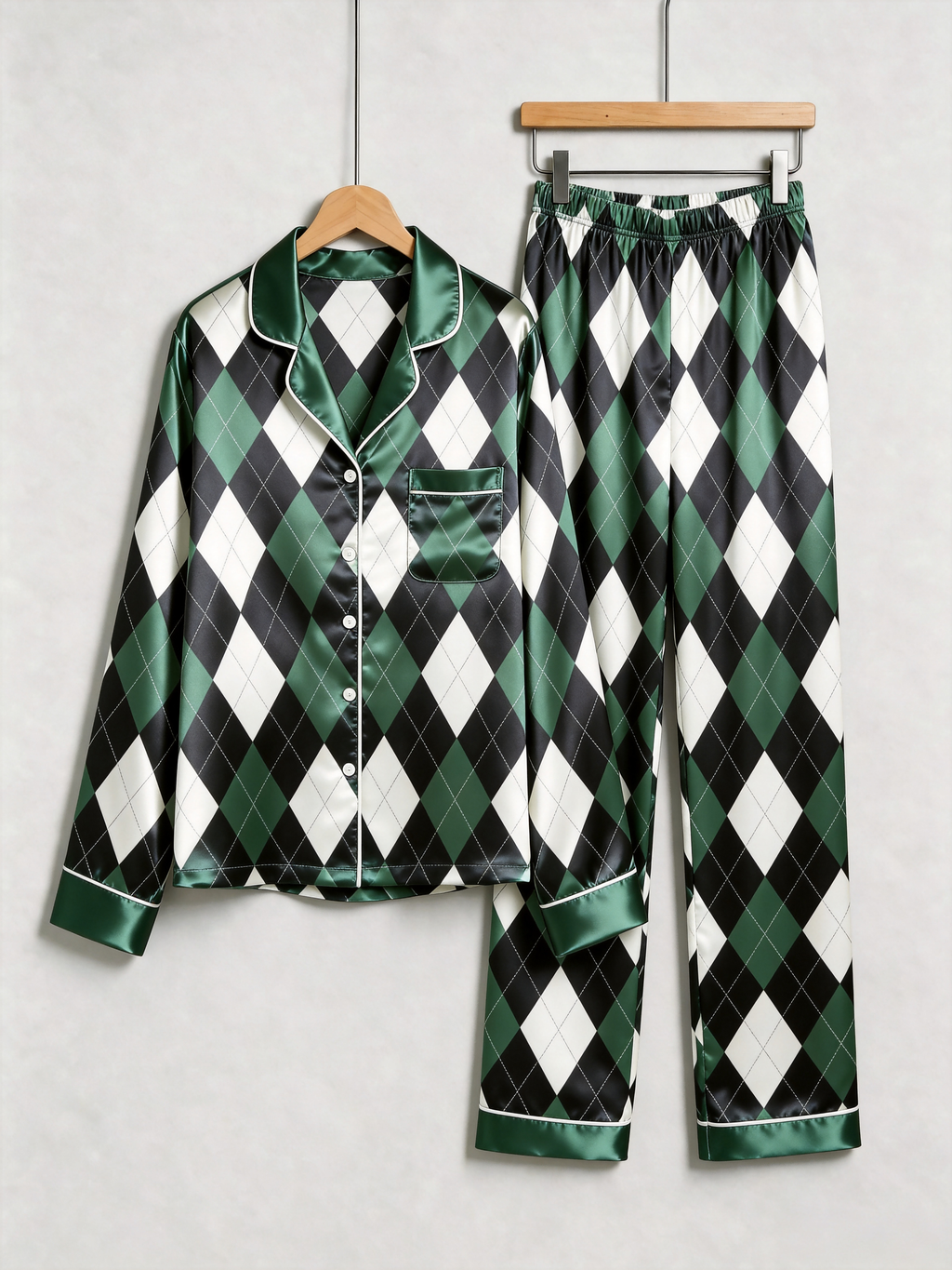 Emerald Green & Black Argyle Diamond Print Holiday Couple Satin Pajama Set Sleepwear