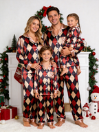 Burgundy & Navy Blue Argyle Diamond Print Holiday Couple Satin Pajama Set Sleepwear