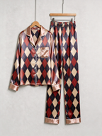Burgundy & Navy Blue Argyle Diamond Print Holiday Couple Satin Pajama Set Sleepwear